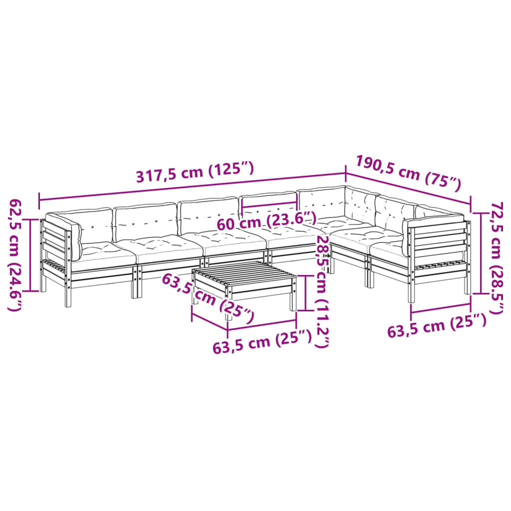 8-delige Loungeset met kussens massief grenenhout wasbruin