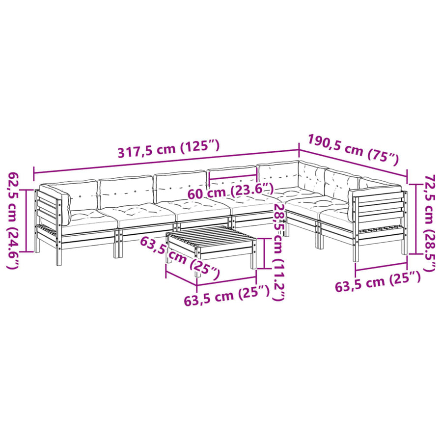 8-delige Loungeset met kussens massief grenenhout wasbruin
