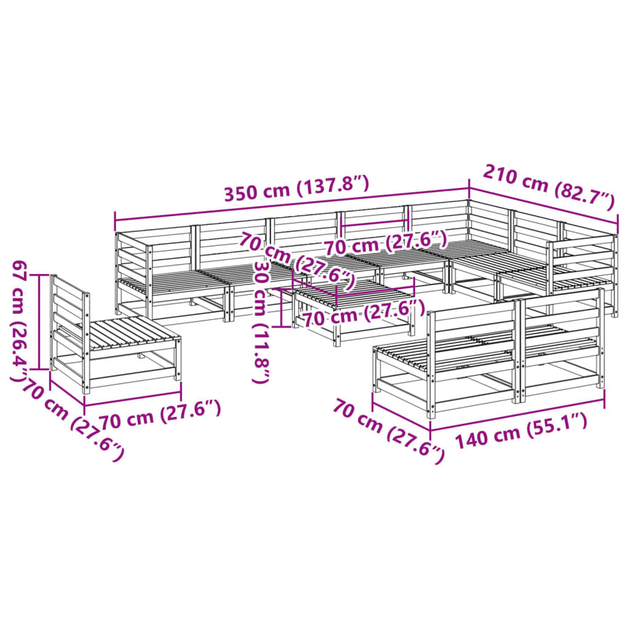 11-delige Loungeset massief grenenhout wasbruin