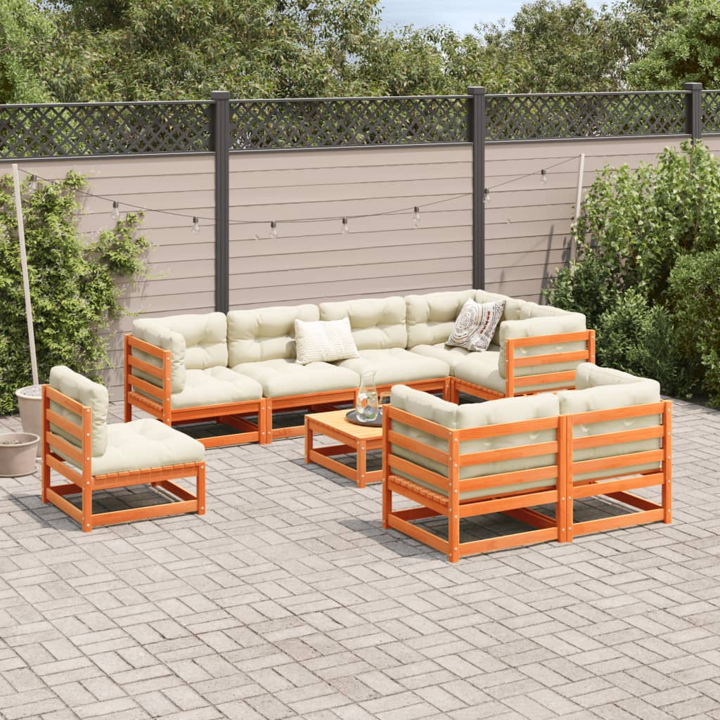 9-delige Loungeset met kussens massief grenenhout wasbruin