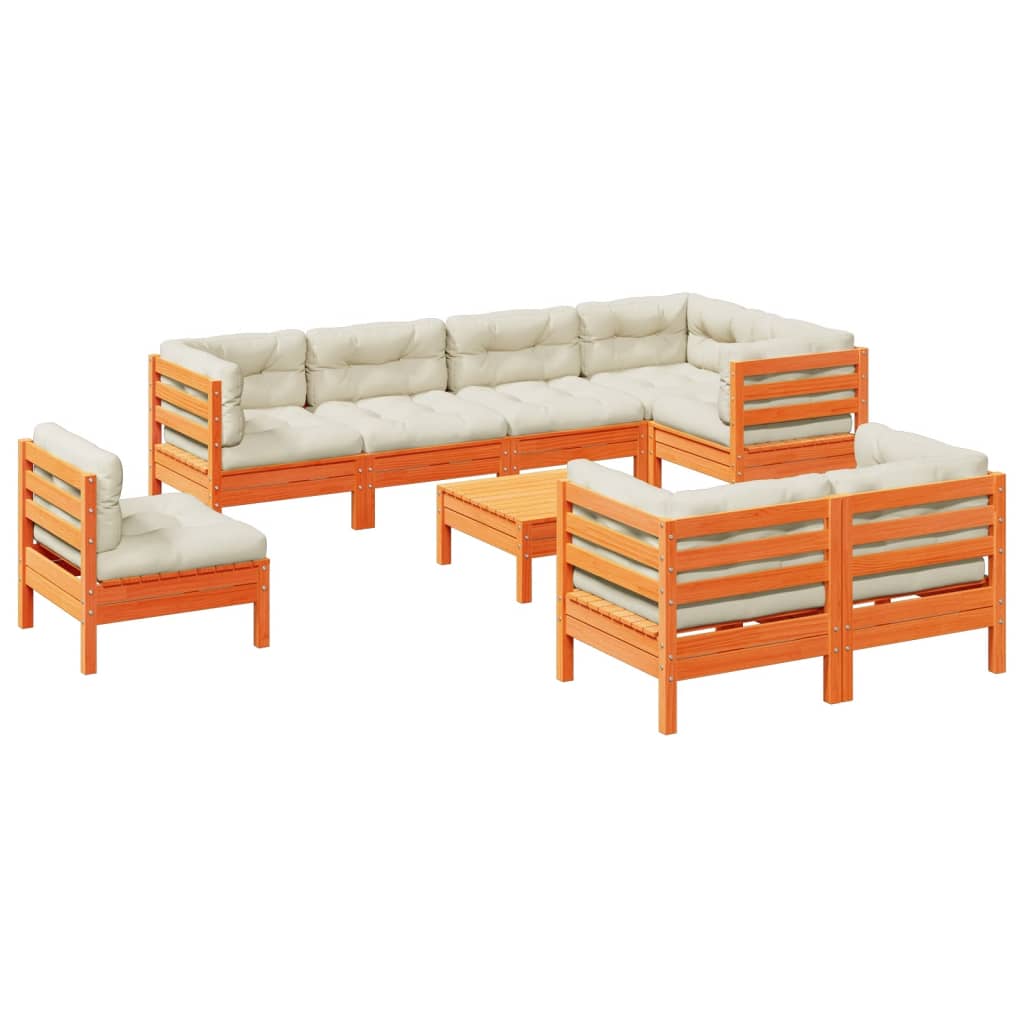 9-delige Loungeset met kussens massief grenenhout wasbruin