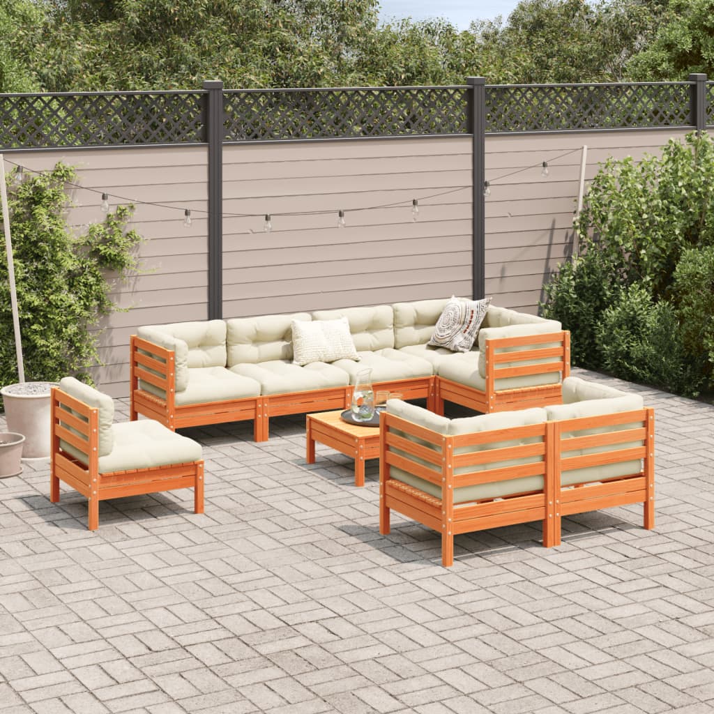 9-delige Loungeset met kussens massief grenenhout wasbruin