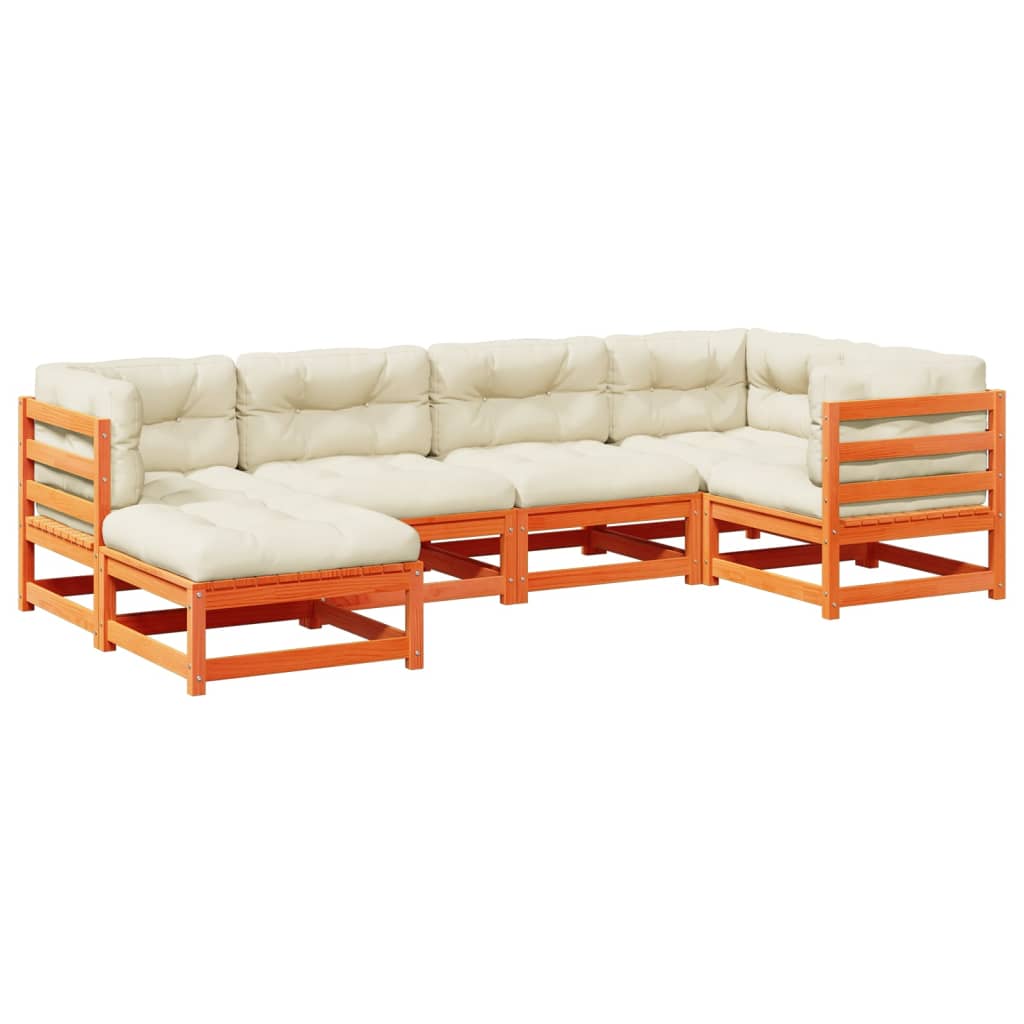 6-delige Loungeset met kussens massief grenenhout wasbruin
