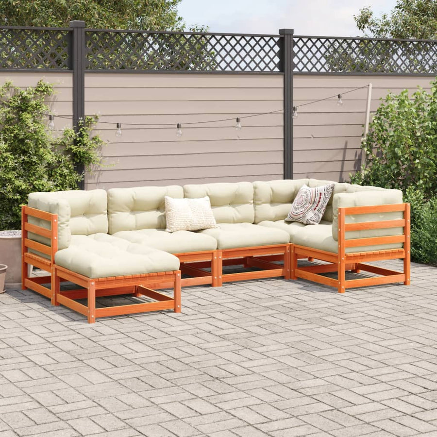 6-delige Loungeset met kussens massief grenenhout wasbruin