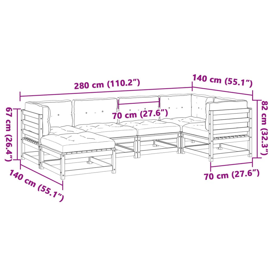 6-delige Loungeset met kussens massief grenenhout wasbruin