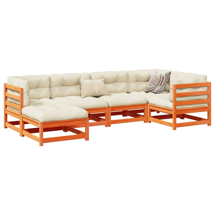 6-delige Loungeset met kussens massief grenenhout wasbruin