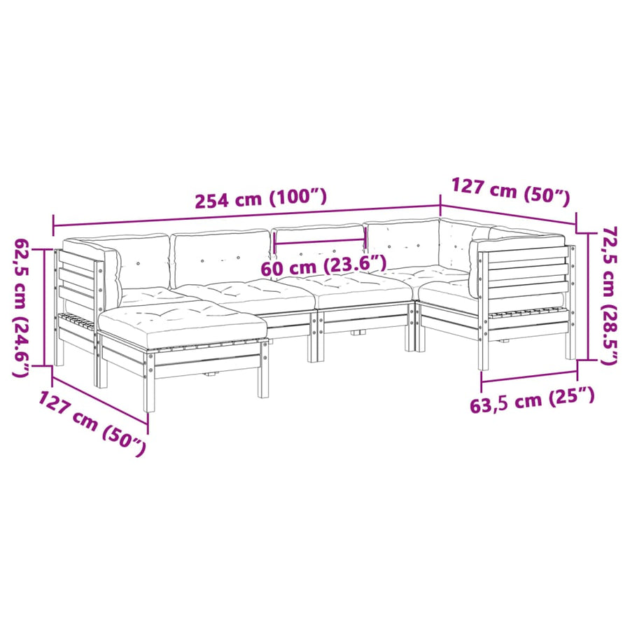 6-delige Loungeset met kussens massief grenenhout wasbruin