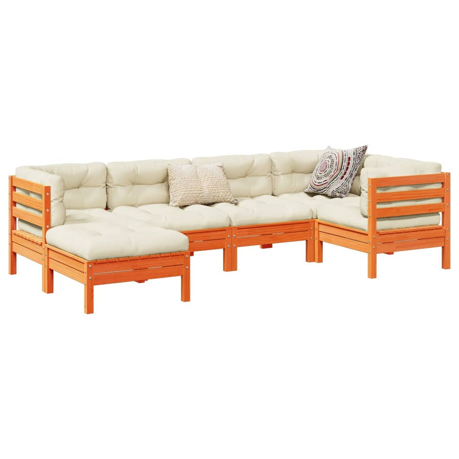 6-delige Loungeset met kussens massief grenenhout wasbruin