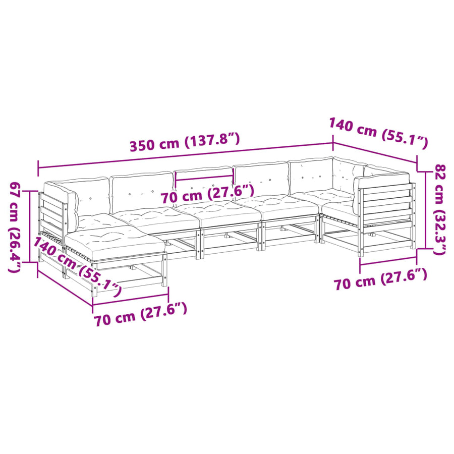 7-delige Loungeset met kussens massief grenenhout wasbruin