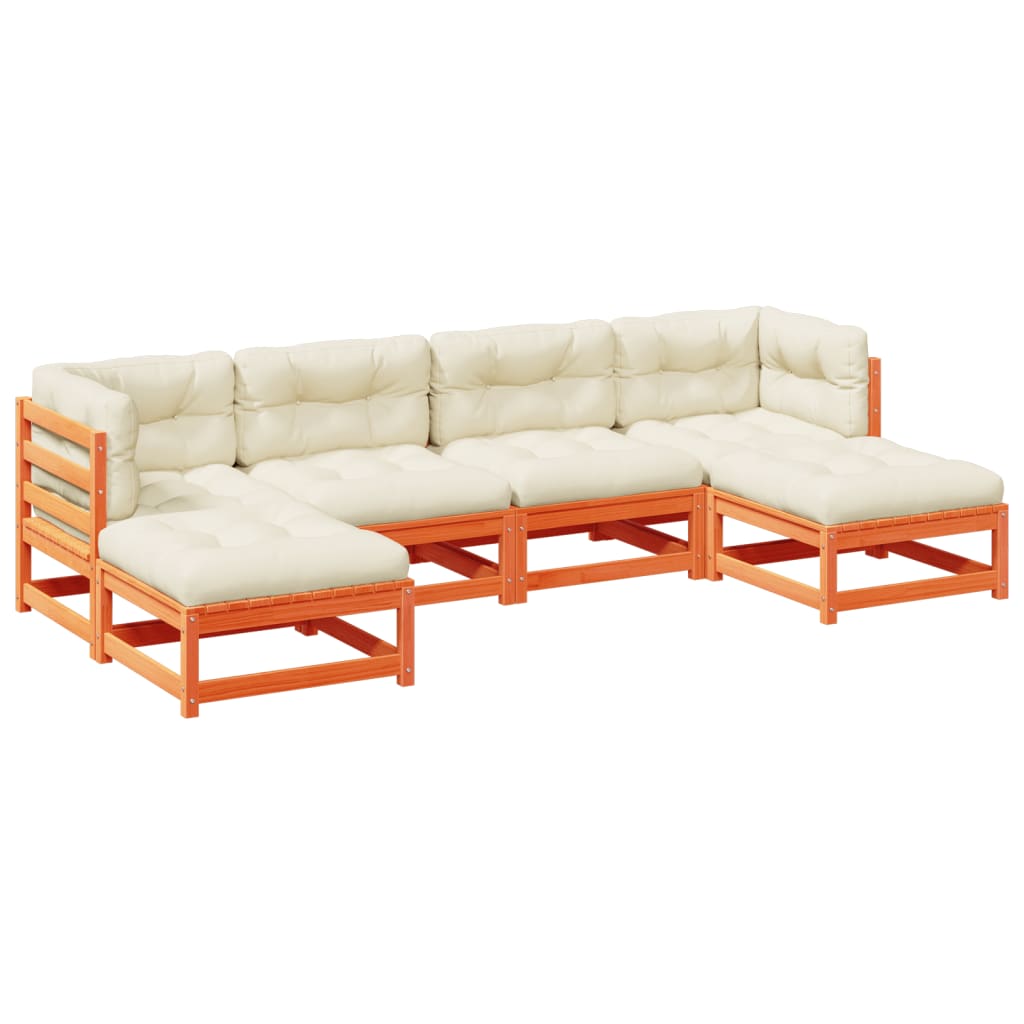 6-delige Loungeset met kussens massief grenenhout wasbruin