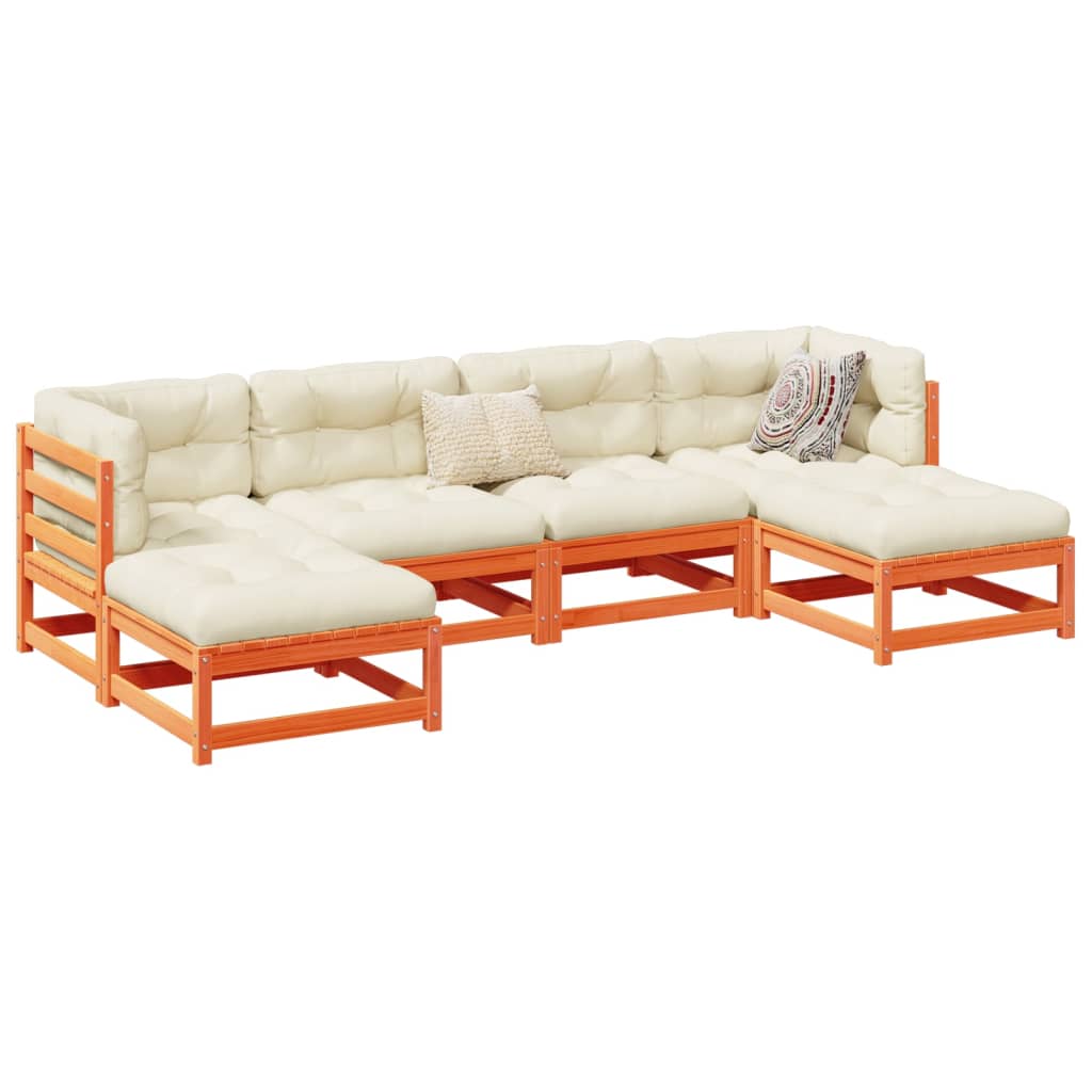 6-delige Loungeset met kussens massief grenenhout wasbruin