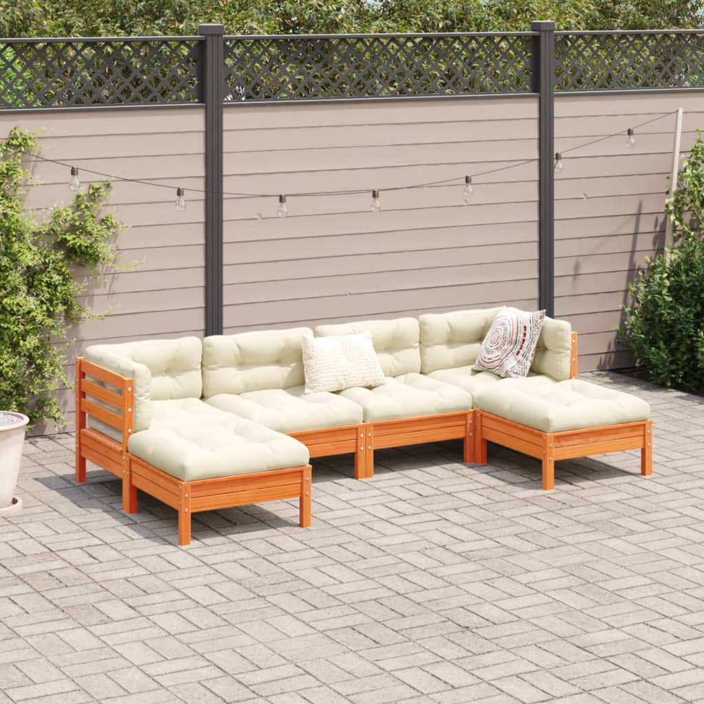 6-delige Loungeset met kussens massief grenenhout wasbruin