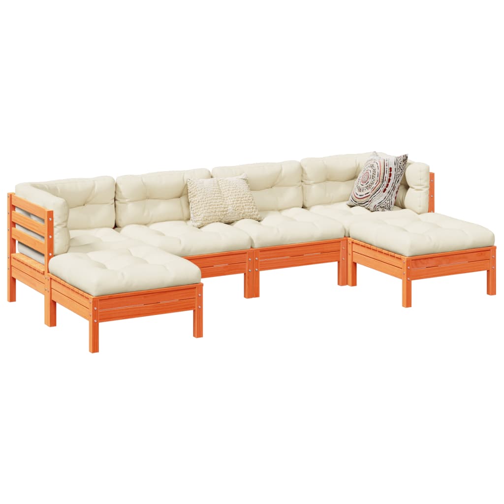 6-delige Loungeset met kussens massief grenenhout wasbruin