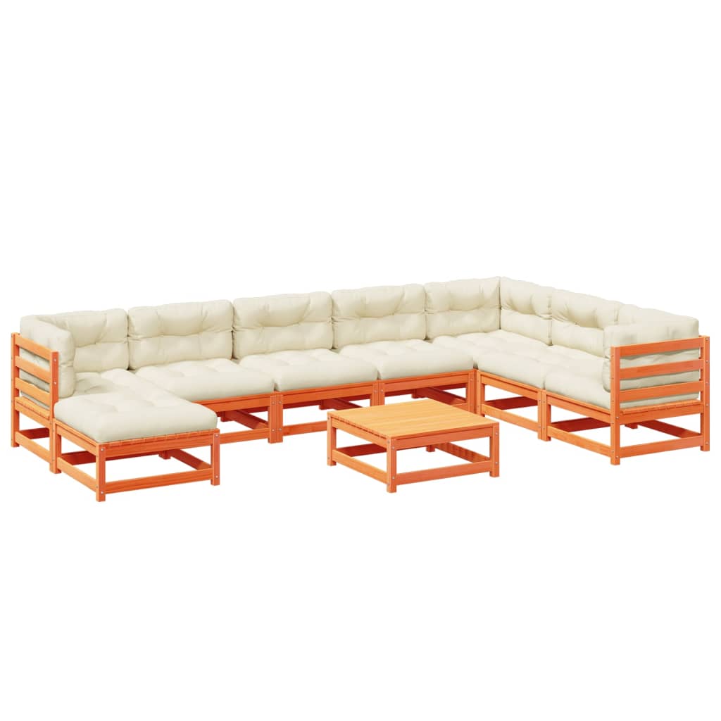 9-delige Loungeset met kussens massief grenenhout wasbruin