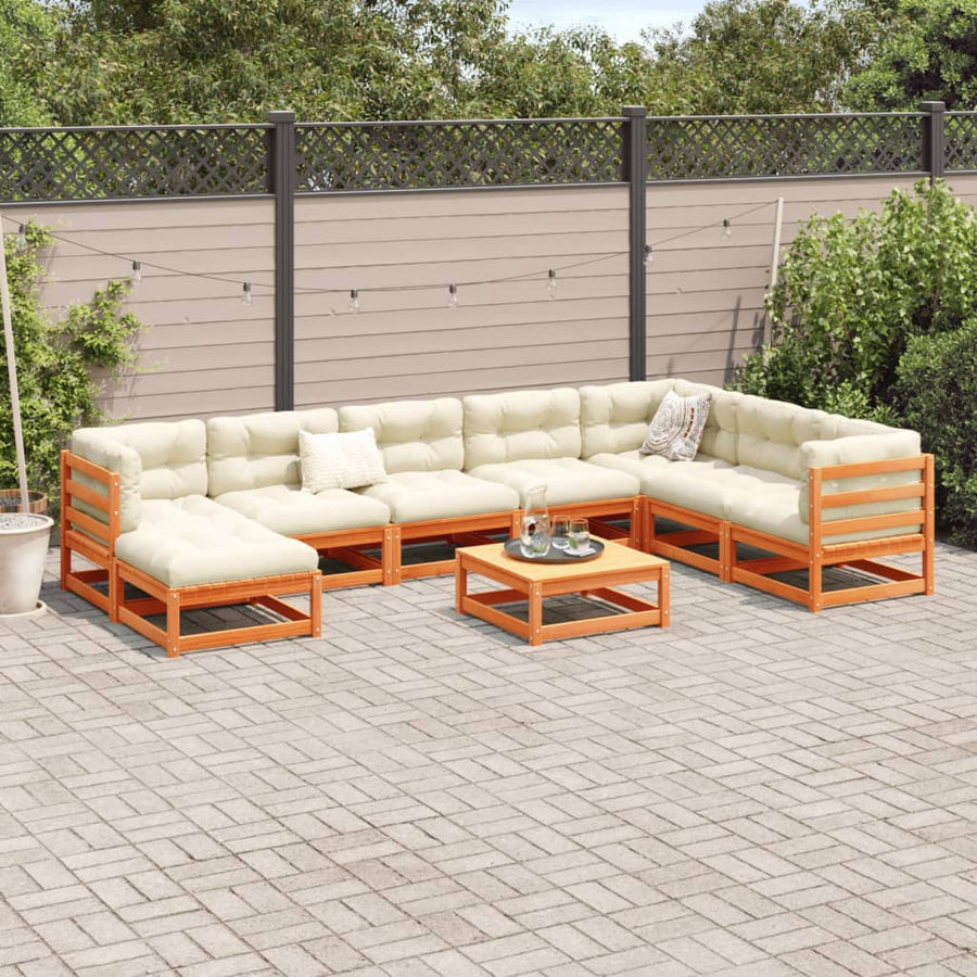 9-delige Loungeset met kussens massief grenenhout wasbruin