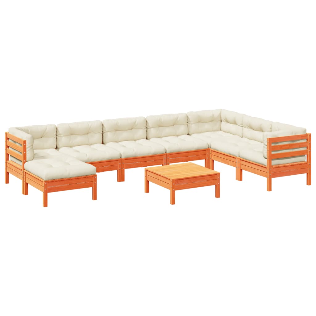 9-delige Loungeset met kussens massief grenenhout wasbruin