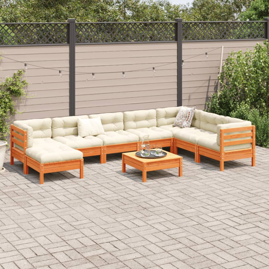 9-delige Loungeset met kussens massief grenenhout wasbruin
