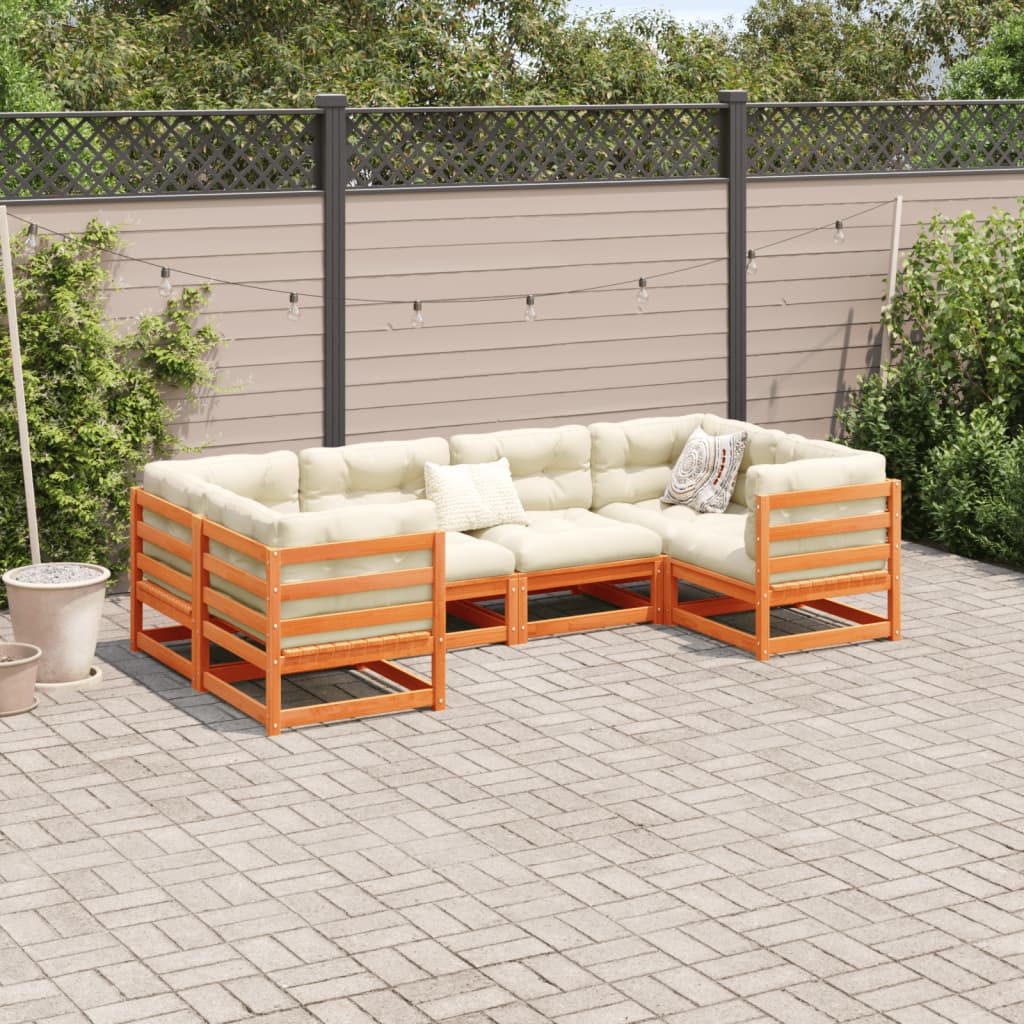 6-delige Loungeset met kussens massief grenenhout wasbruin