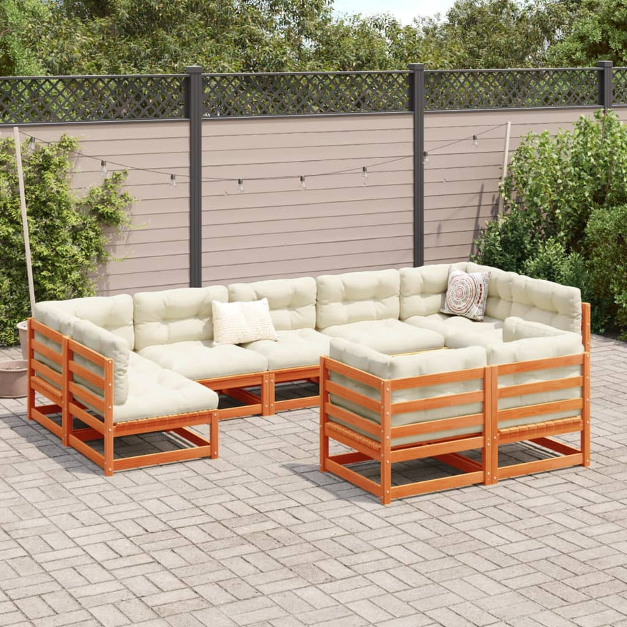 9-delige Loungeset met kussens massief grenenhout wasbruin