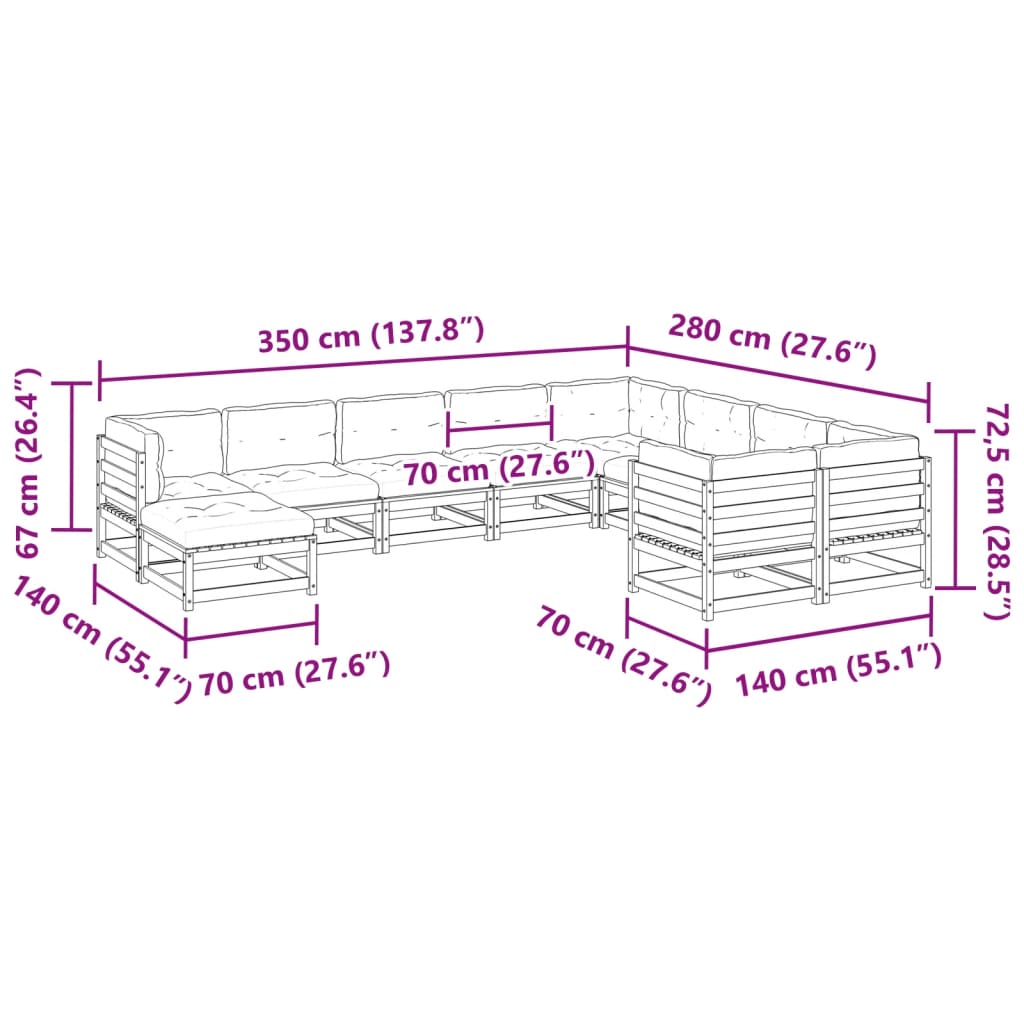 10-delige Loungeset met kussens massief grenenhout