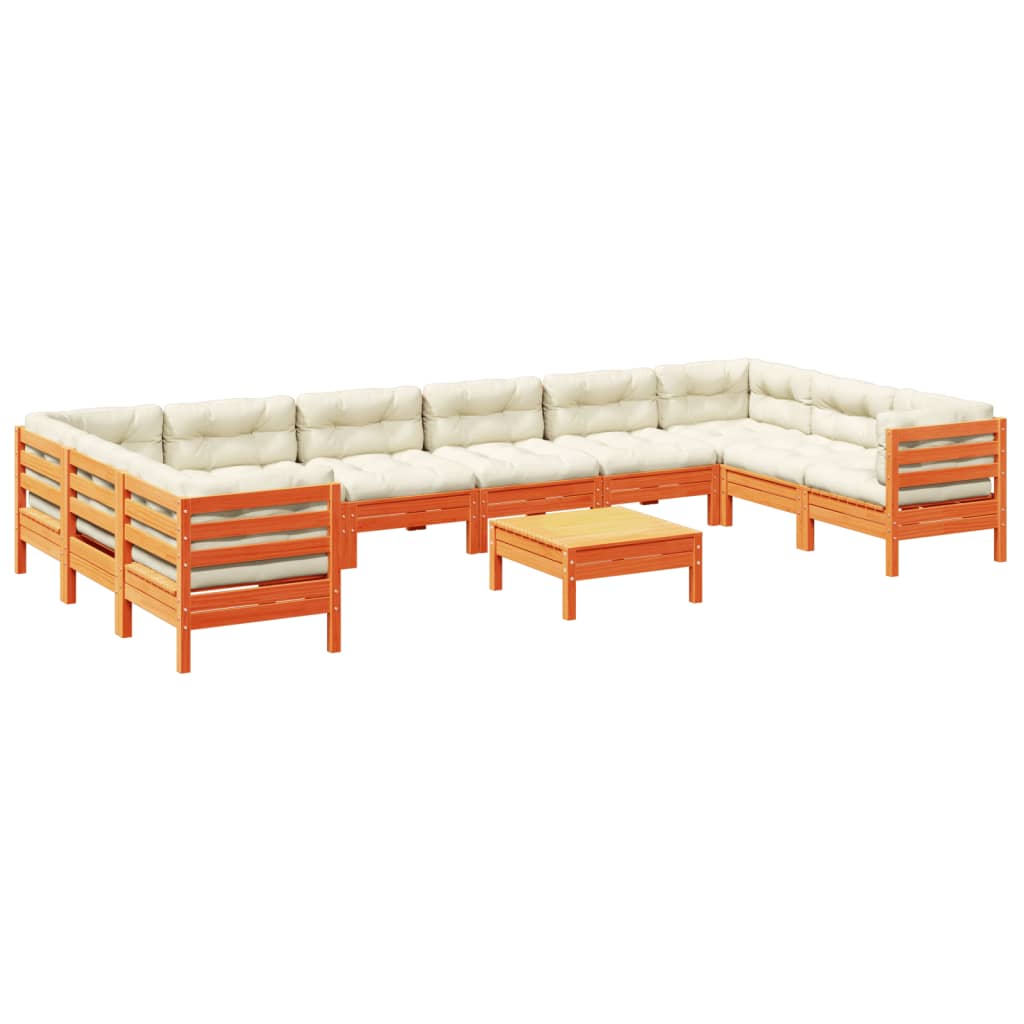 11-delige Loungeset met kussens massief grenenhout wasbruin