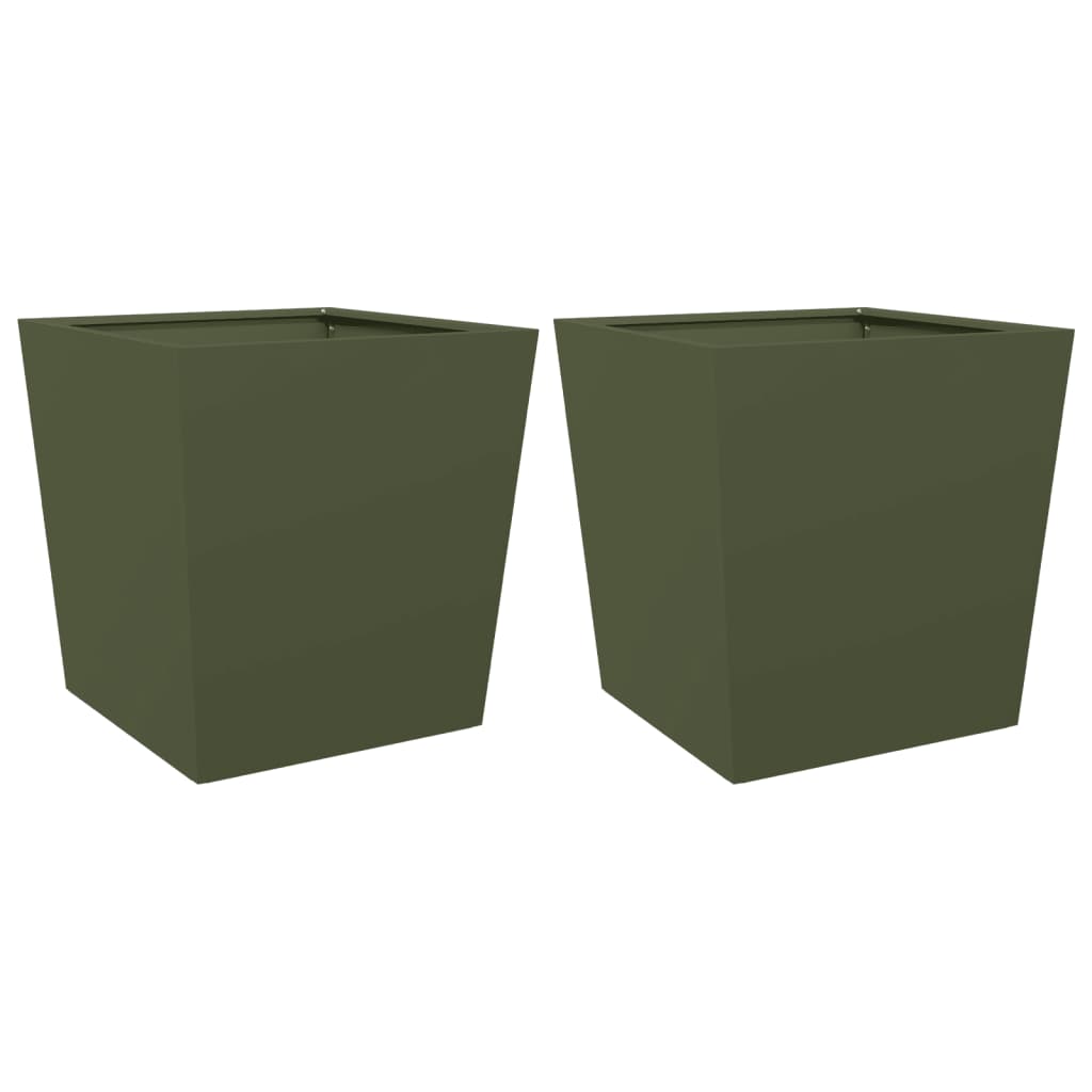 Plantenbakken 2 st 50x50x50 cm staal olijfgroen