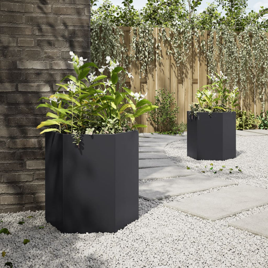 Plantenbakken 2 st zeshoek 46x40x45 cm staal zwart