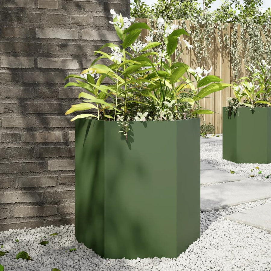 Plantenbak zeshoek 46x40x45 cm staal olijfgroen