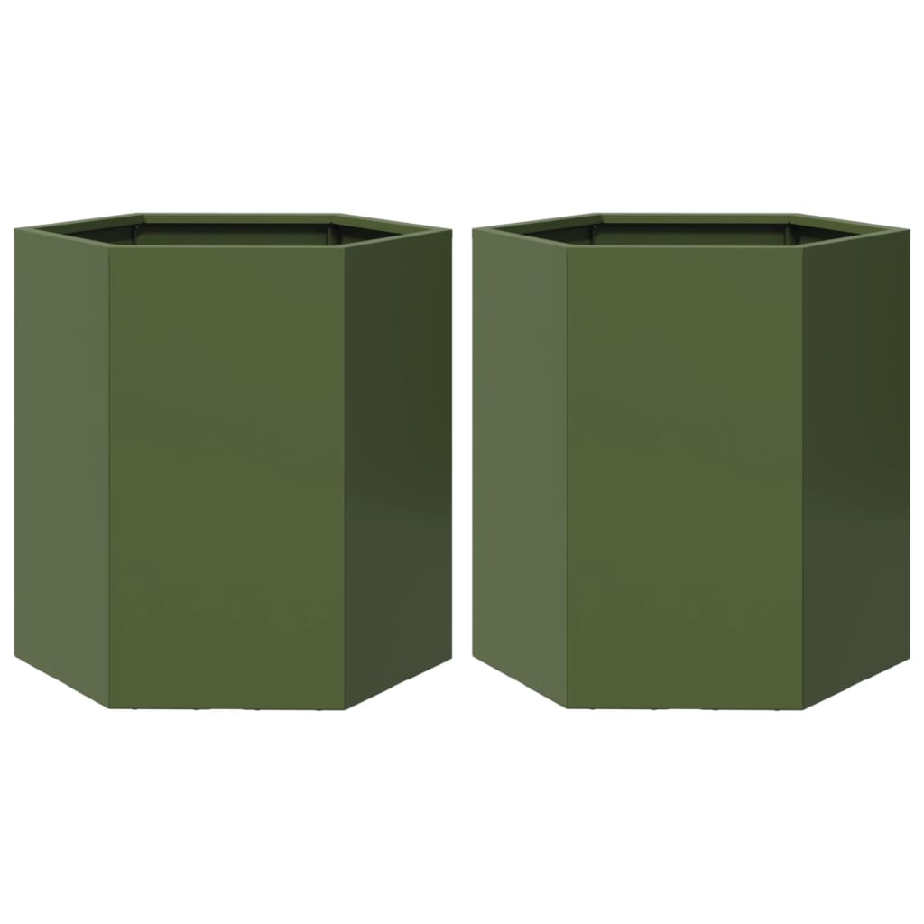 Plantenbakken 2 st zeshoek 46x40x45 cm staal olijfgroen