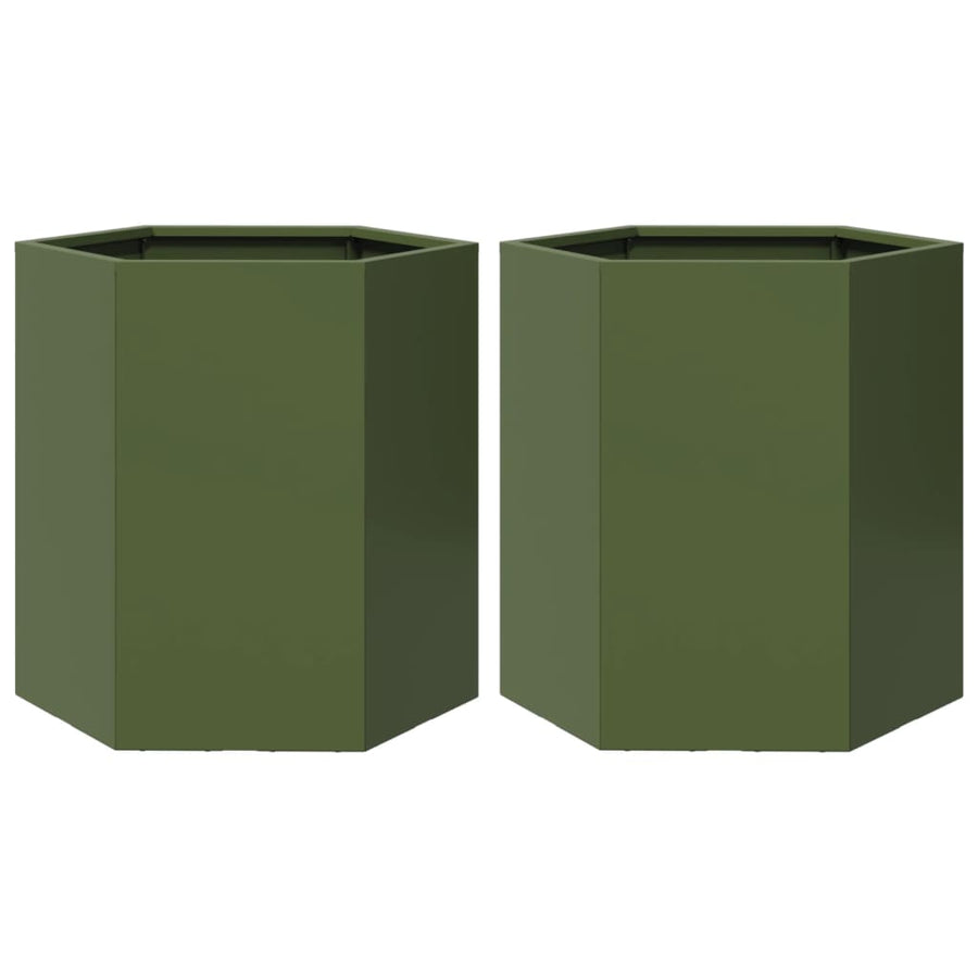 Plantenbakken 2 st zeshoek 46x40x45 cm staal olijfgroen