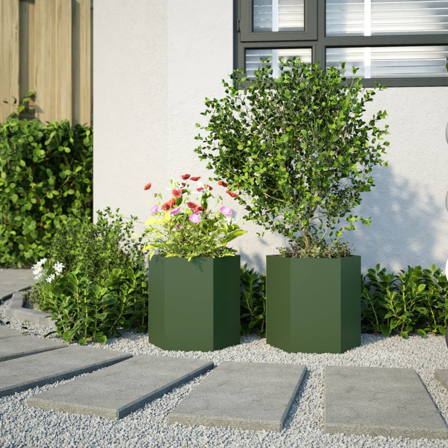 Plantenbakken 2 st zeshoek 46x40x45 cm staal olijfgroen