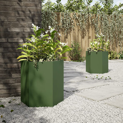 Plantenbakken 2 st zeshoek 46x40x45 cm staal olijfgroen