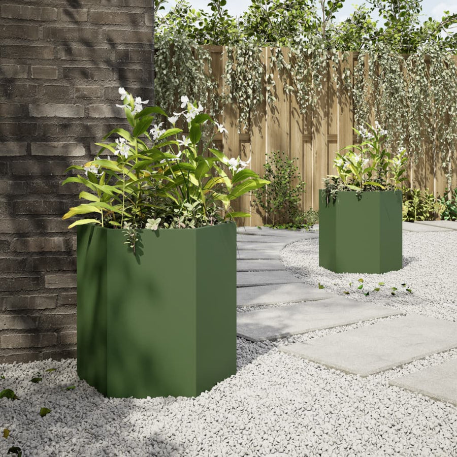 Plantenbakken 2 st zeshoek 46x40x45 cm staal olijfgroen