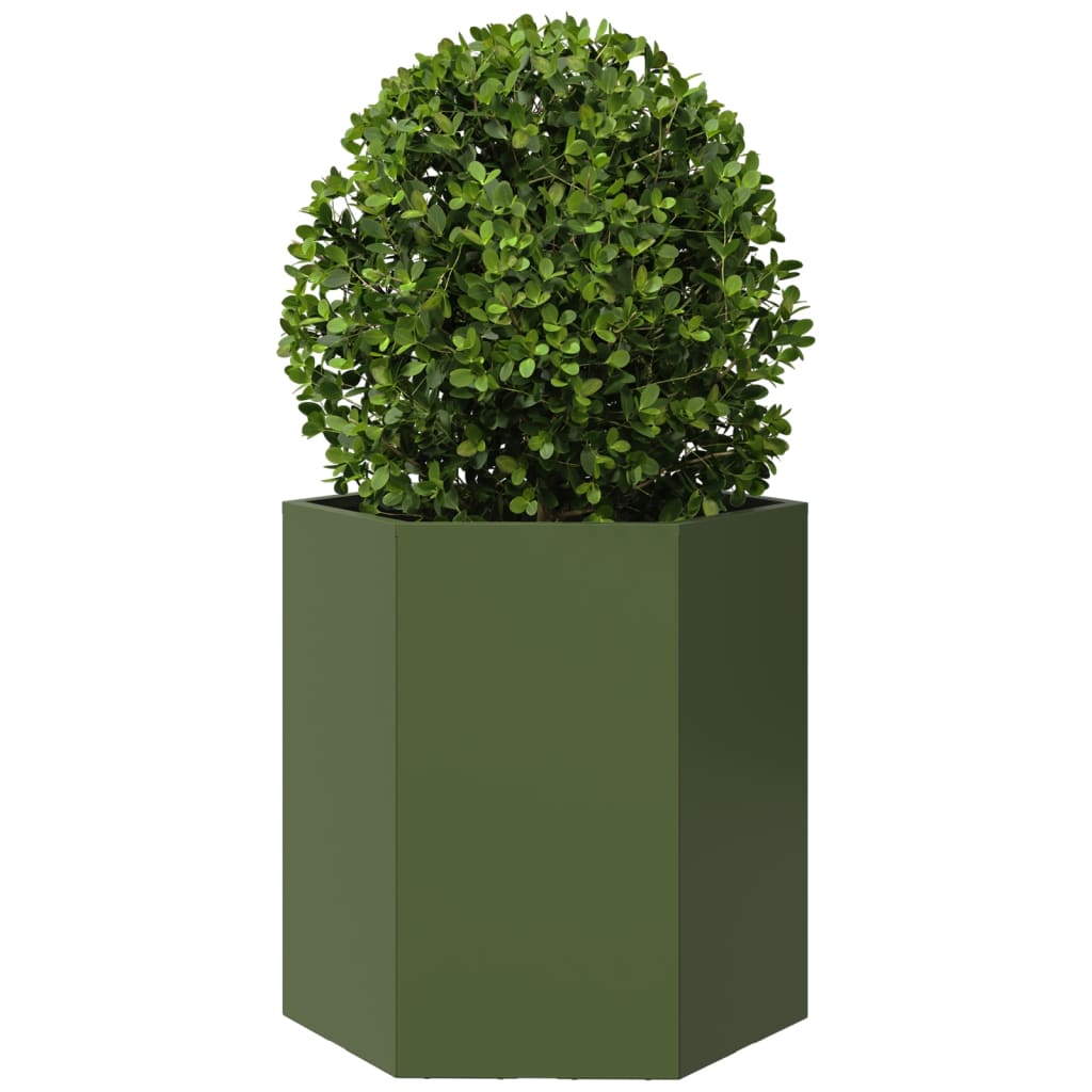 Plantenbakken 2 st zeshoek 46x40x45 cm staal olijfgroen
