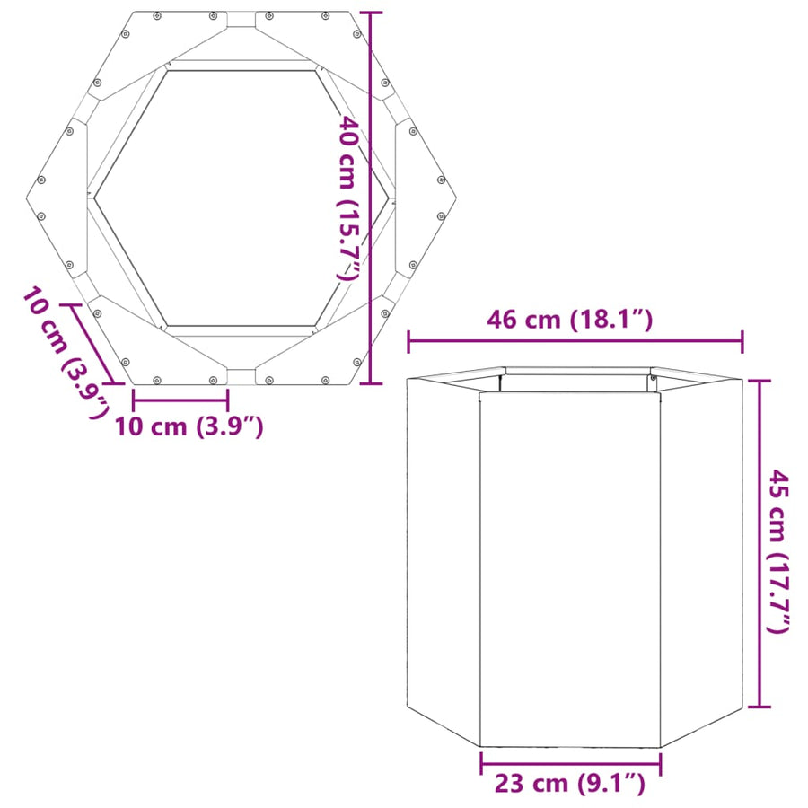Plantenbak zeshoek 46x40x45 cm gegalvaniseerd staal