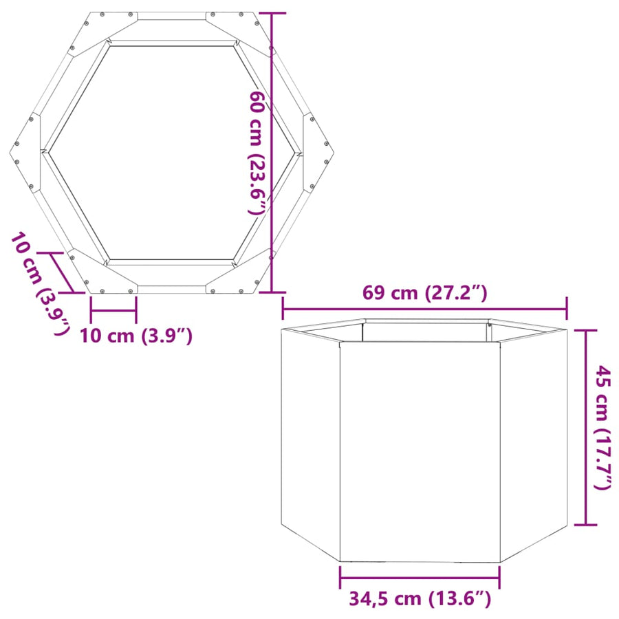 Plantenbak zeshoek 69x60x45 cm staal zwart