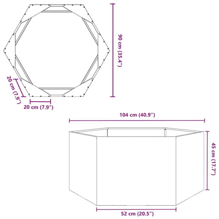Plantenbak zeshoek 104x90x45 cm staal zwart