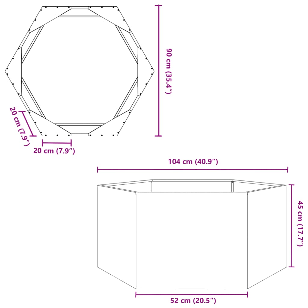 Plantenbak zeshoek 104x90x45 cm staal antracietkleurig