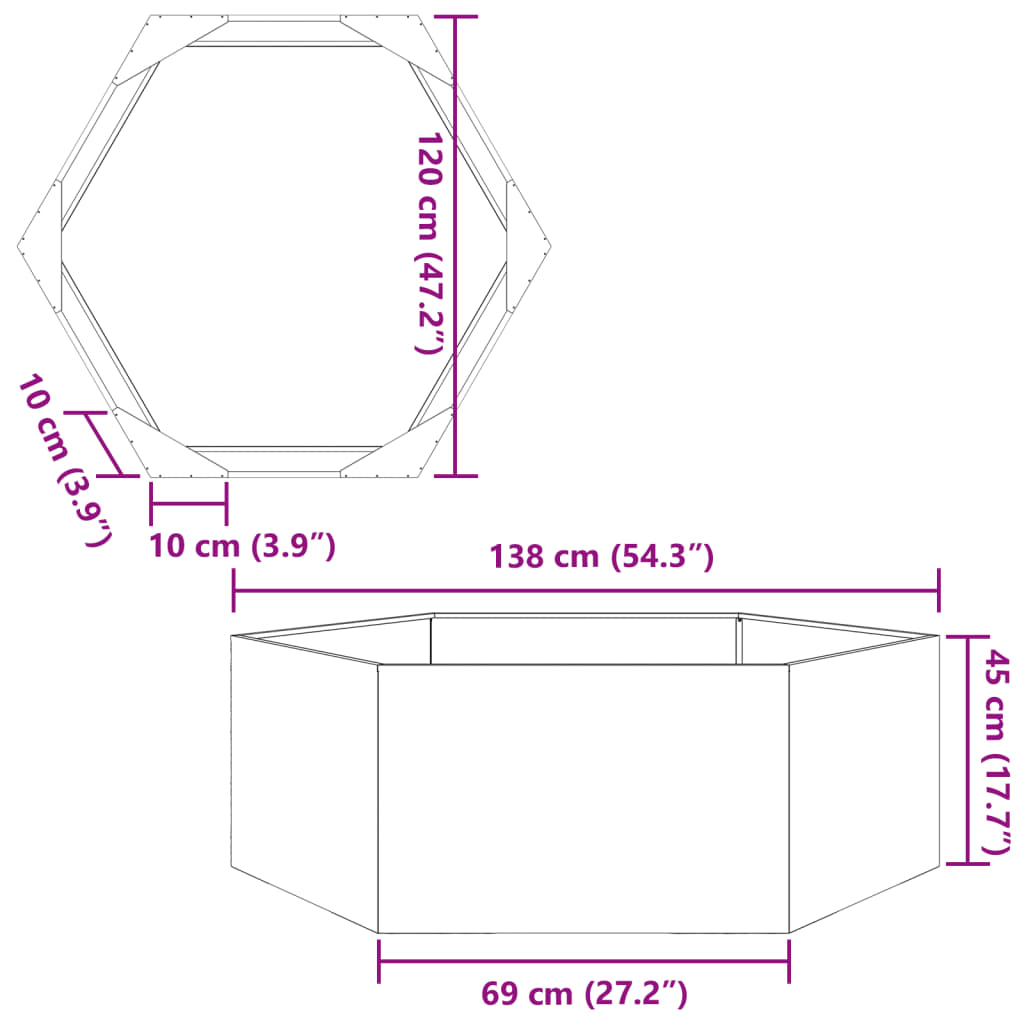 Plantenbak zeshoek 138x120x45 cm gegalvaniseerd staal