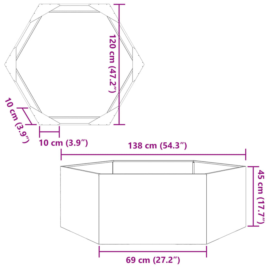 Plantenbak zeshoek 138x120x45 cm gegalvaniseerd staal
