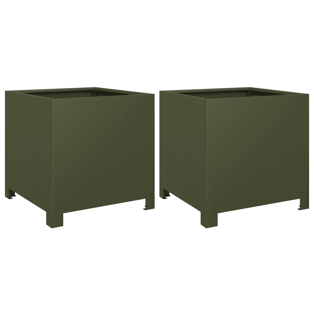 Plantenbakken 2 st 40x40x40 cm staal olijfgroen
