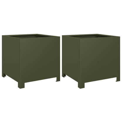 Plantenbakken 2 st 40x40x40 cm staal olijfgroen