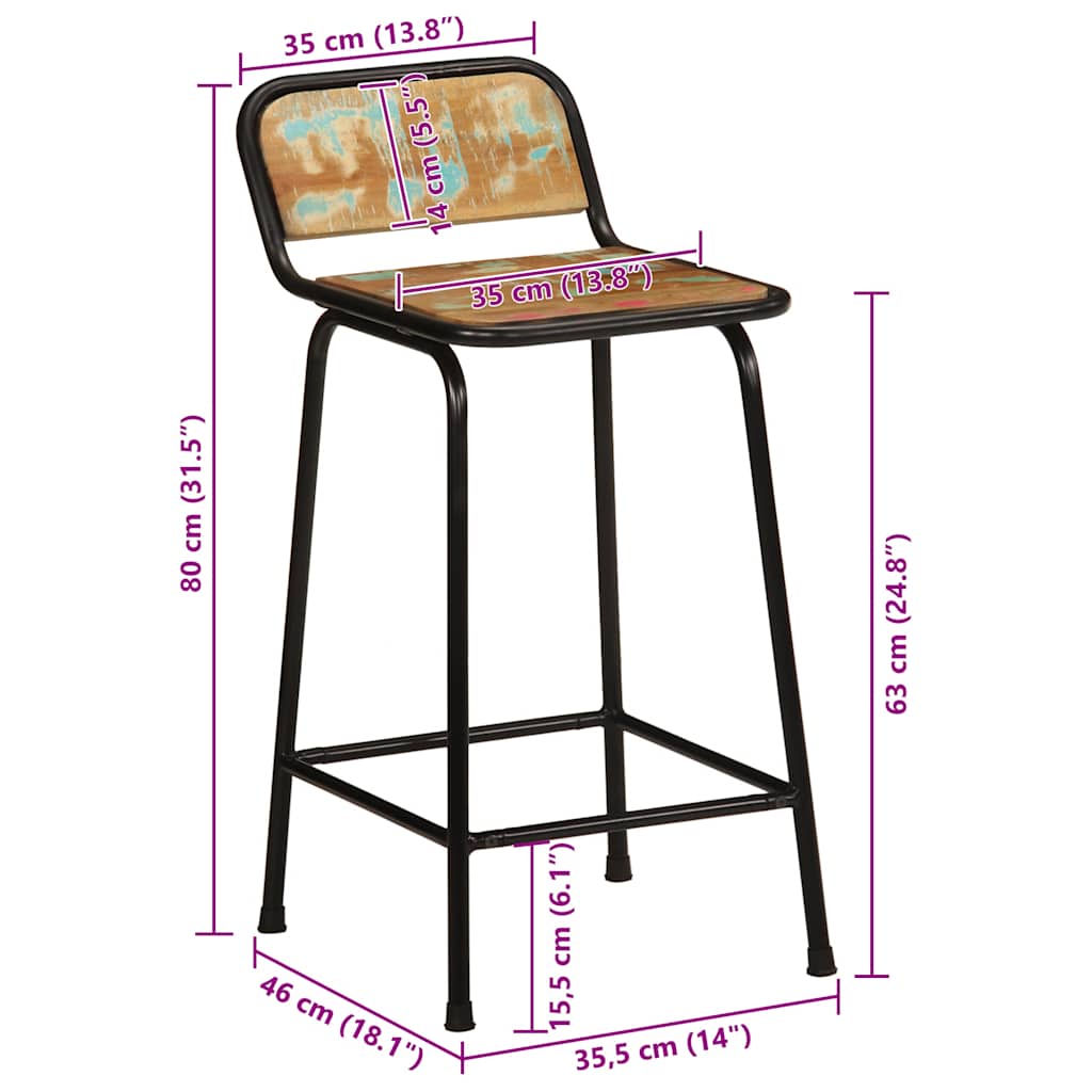 Barkrukken 2 st 46x35,5x80 cm massief gerecycled hout