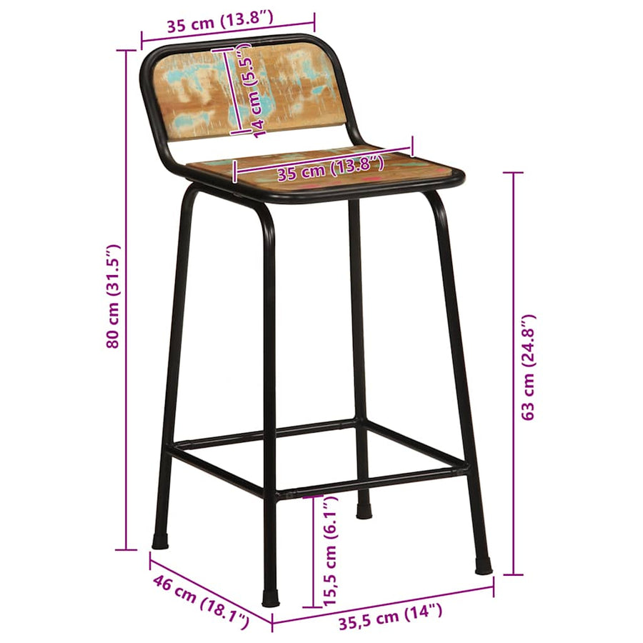 Barkrukken 2 st 46x35,5x80 cm massief gerecycled hout