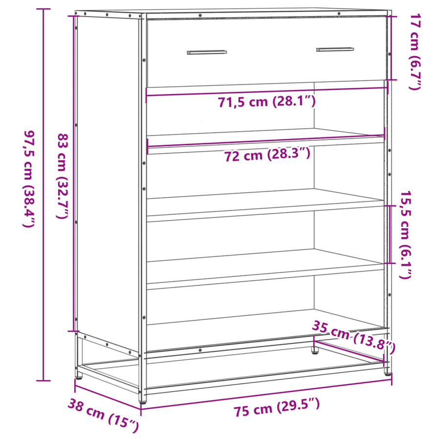 Schoenenkast 75x38x97,5 cm bewerkt hout en metaal grijs sonoma
