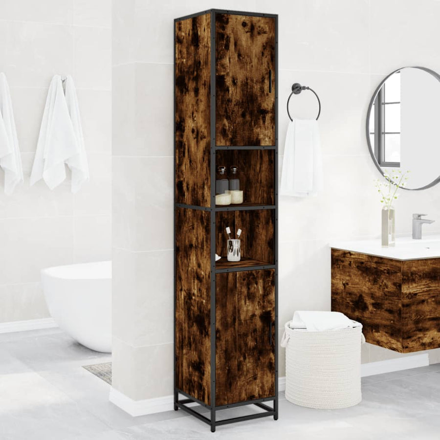 Badkamerkast 35x37,5x188,5 cm hout en metaal gerookt eikenkleur