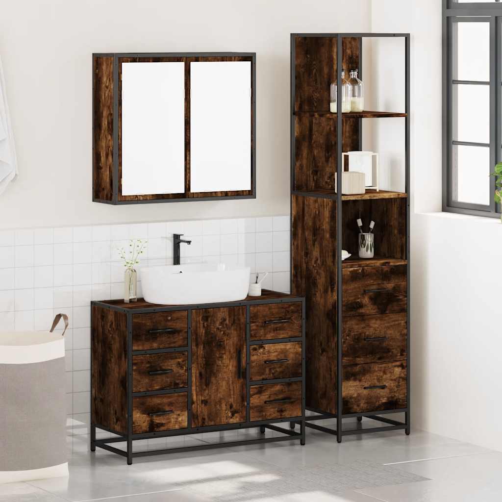 3-Delige Badkamermeubelset Bewerkt Hout Kleurig Gerookt eiken
