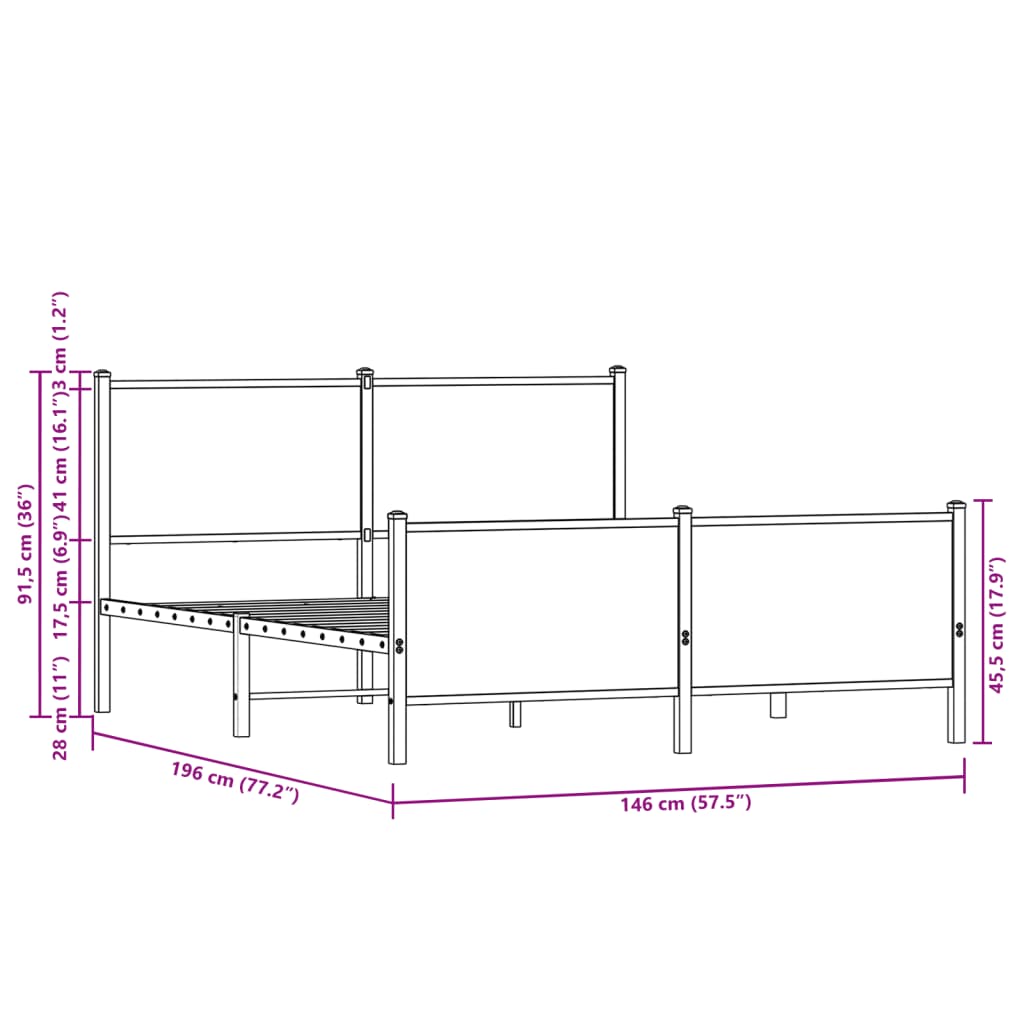 Bedframe hoofd- en voeteneinde metaal bruin eiken 140x190 cm