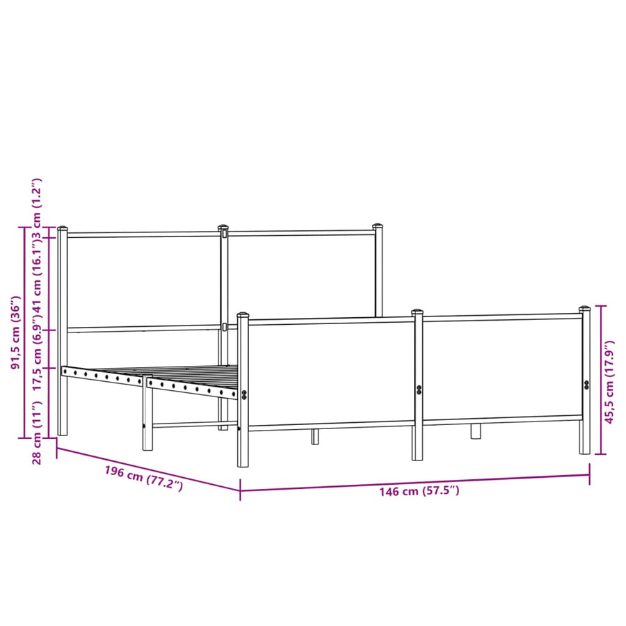 Bedframe hoofd- en voeteneinde metaal bruin eiken 140x190 cm