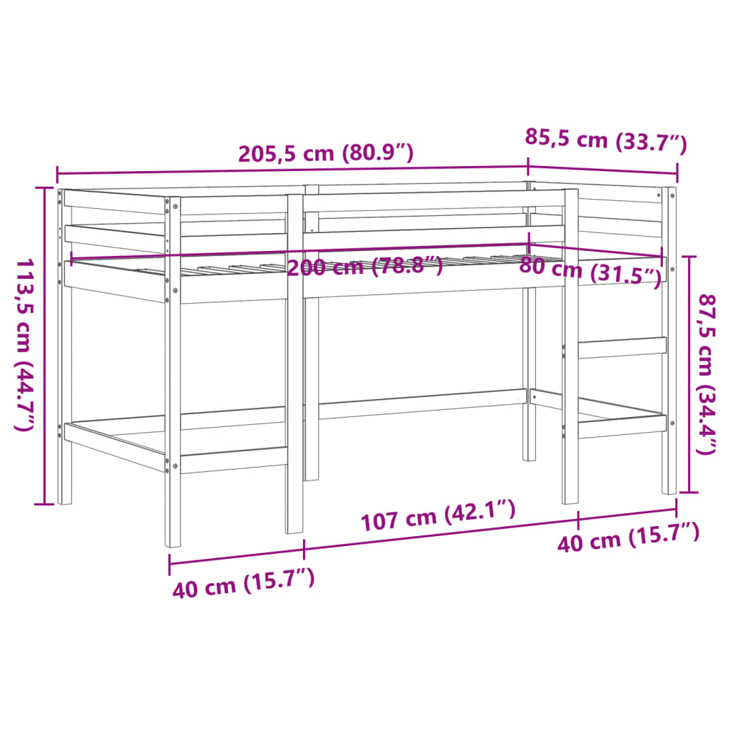 Kinderhoogslaper met ladder 80x200 cm massief grenenhout bruin